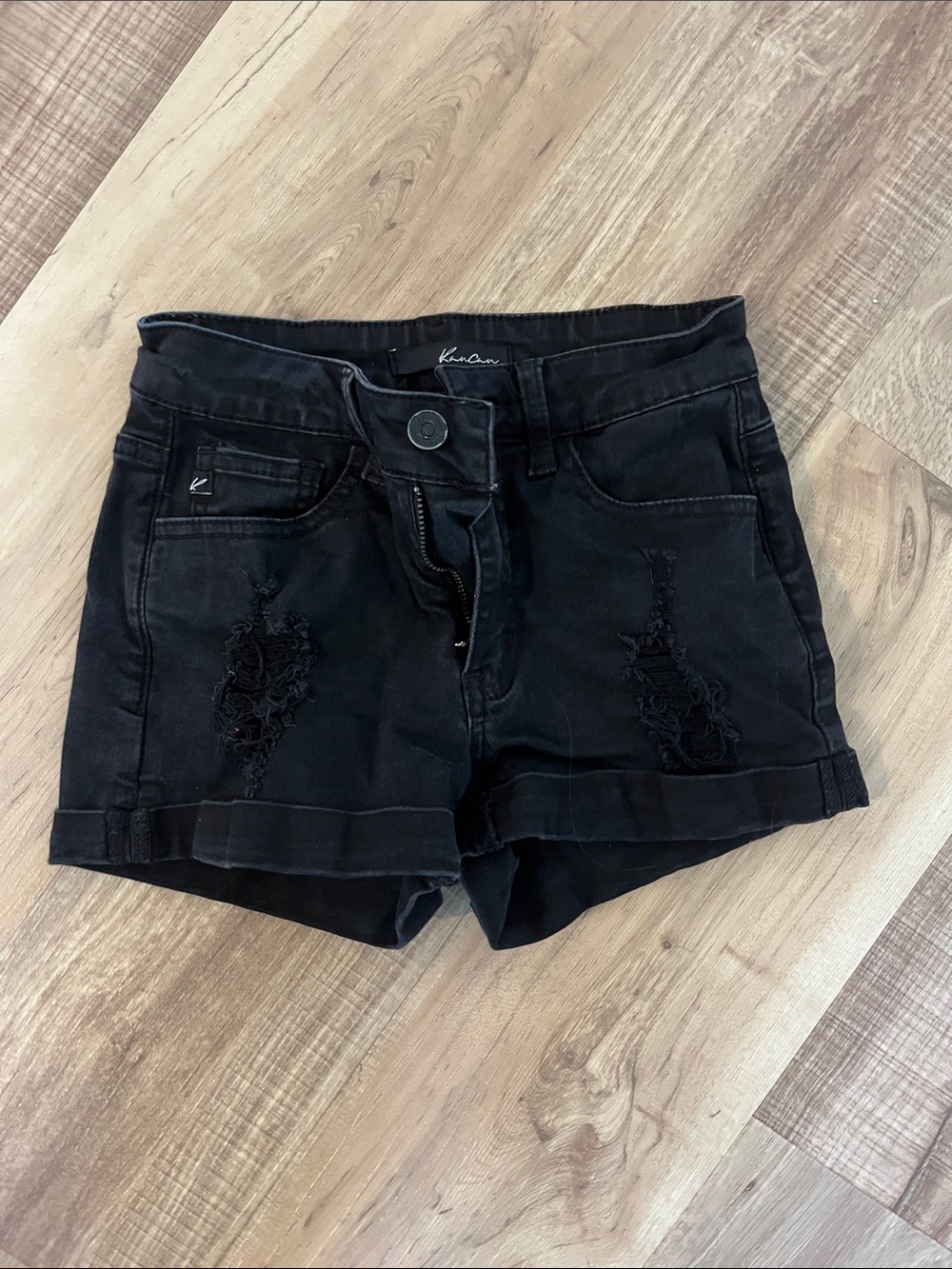 Kensie Black Distressed Roll-Cuff Denim Shorts